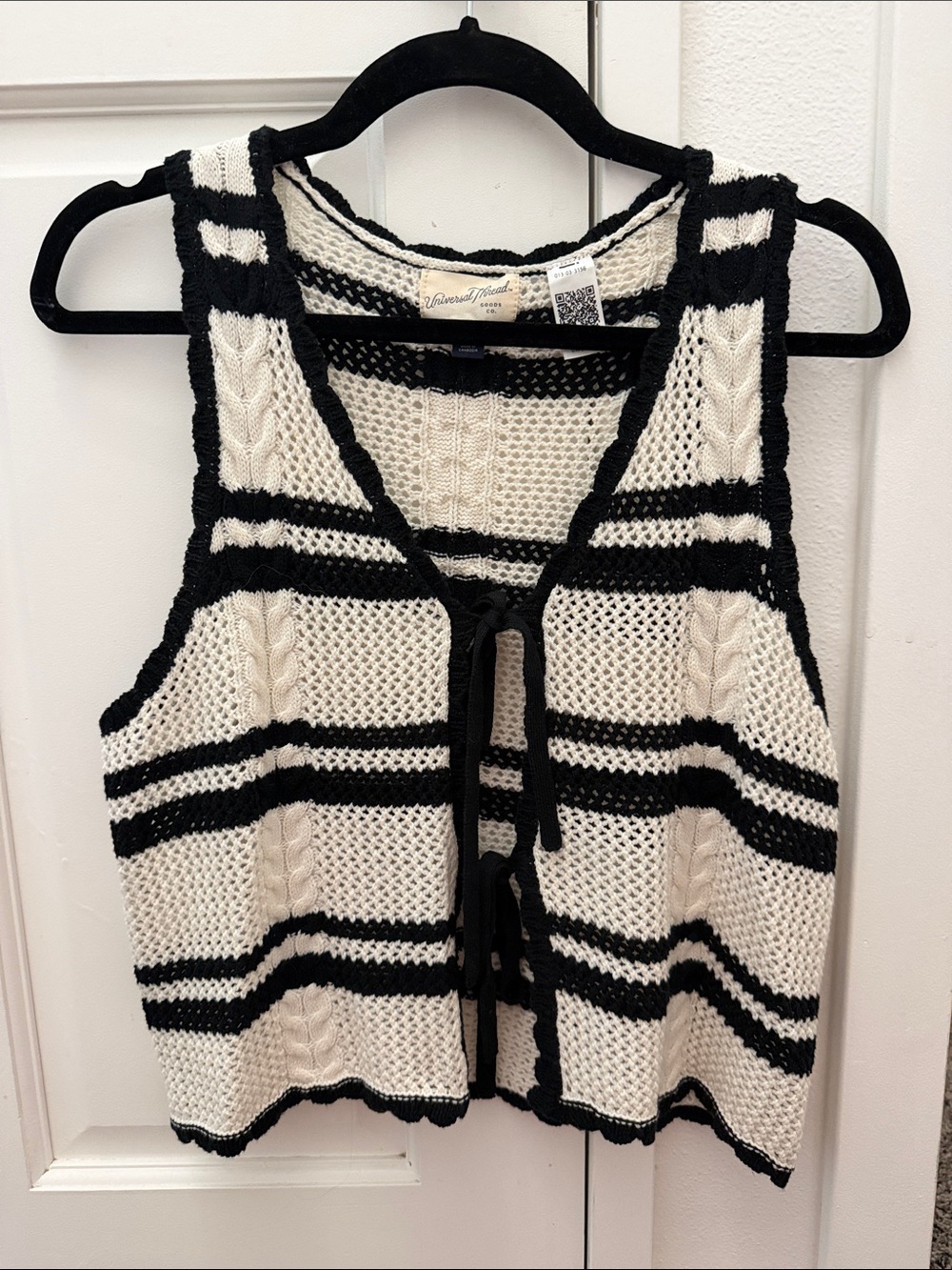 Universal Thread Black & Cream Striped Open-Knit Tie-Front Vest